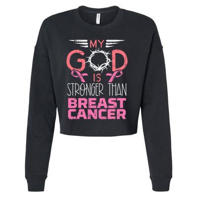 My God Stronger Than Breast Cancer Awareness Christian Women Cropped Pullover Crew