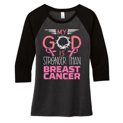 My God Stronger Than Breast Cancer Awareness Christian Women Women's Tri-Blend 3/4-Sleeve Raglan Shirt