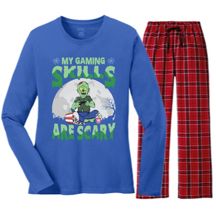 My Gaming Skills Are Scary Zombie Halloween Gaming Gift Women's Long Sleeve Flannel Pajama Set 