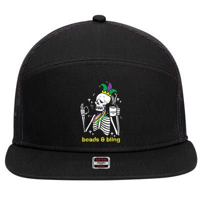 Mardi Gras Skeleton Beads Bling Funny Outfit Women 7 Panel Mesh Trucker Snapback Hat