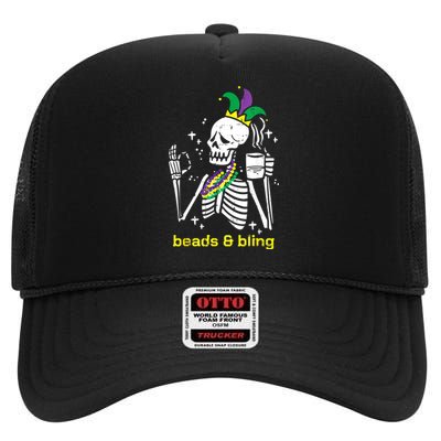 Mardi Gras Skeleton Beads Bling Funny Outfit Women High Crown Mesh Back Trucker Hat