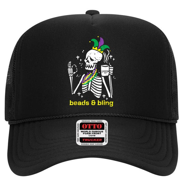 Mardi Gras Skeleton Beads Bling Funny Outfit Women High Crown Mesh Back Trucker Hat