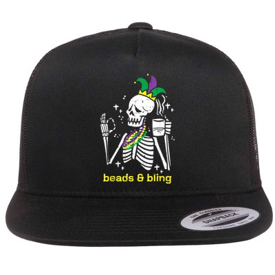 Mardi Gras Skeleton Beads Bling Funny Outfit Women Flat Bill Trucker Hat