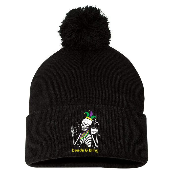 Mardi Gras Skeleton Beads Bling Funny Outfit Women Pom Pom 12in Knit Beanie