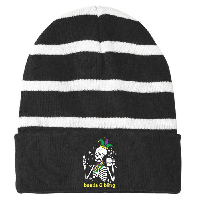 Mardi Gras Skeleton Beads Bling Funny Outfit Women Striped Beanie with Solid Band