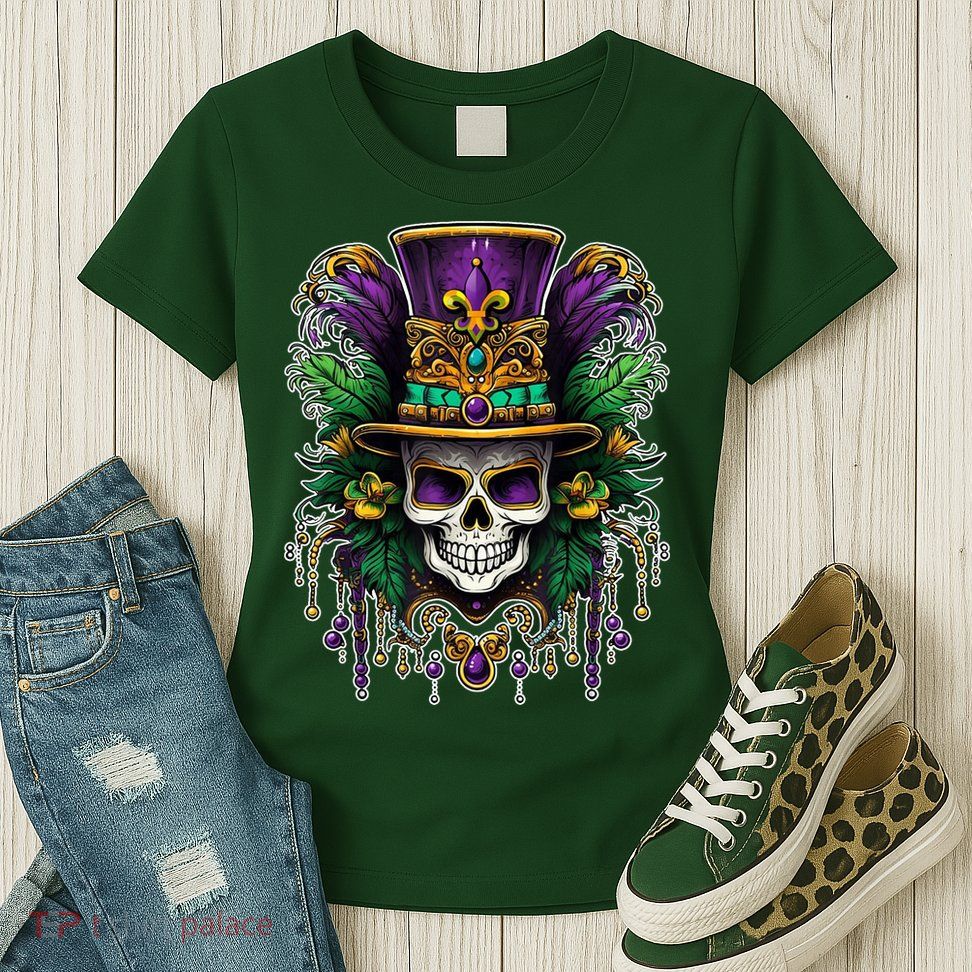 Mardi Gras Sugar Skull Party Womens T-Shirt