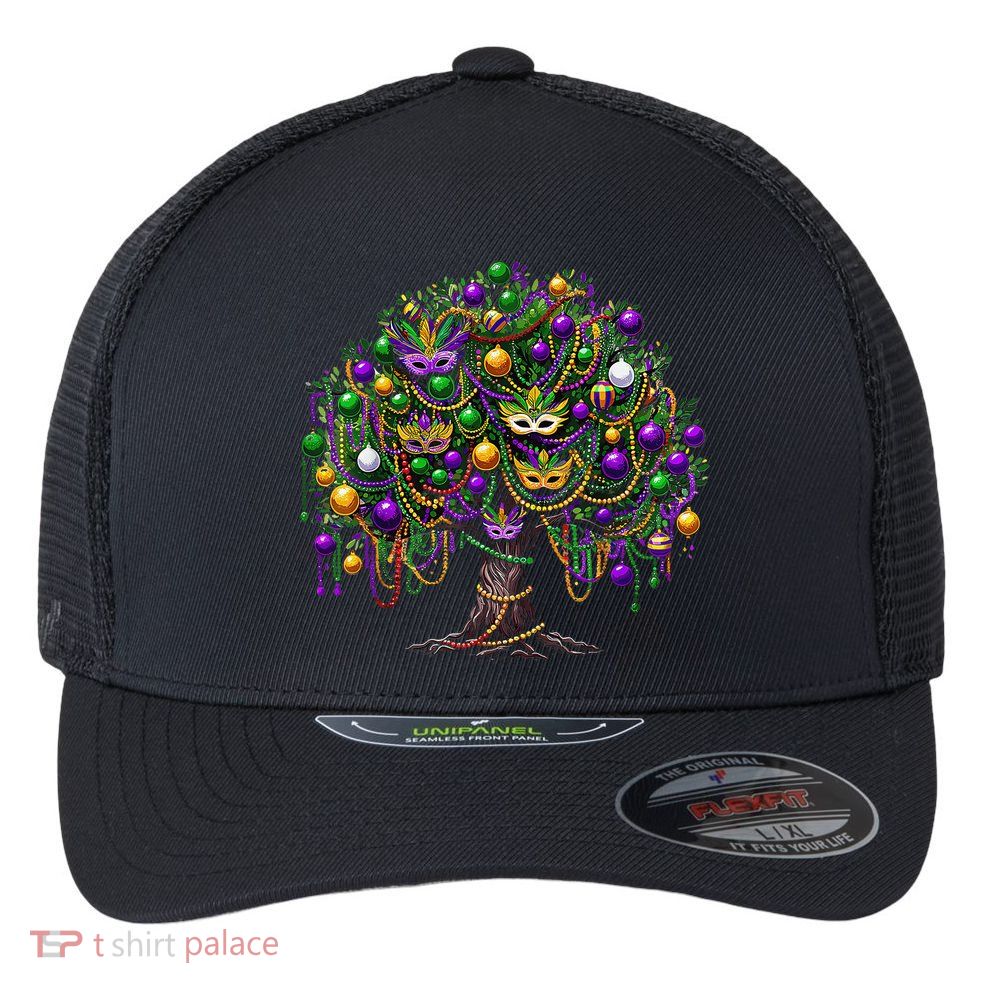 Mardi Gras Tree Beads New Orleans 2025 Festival Bead Tree Flexfit Unipanel Trucker Cap