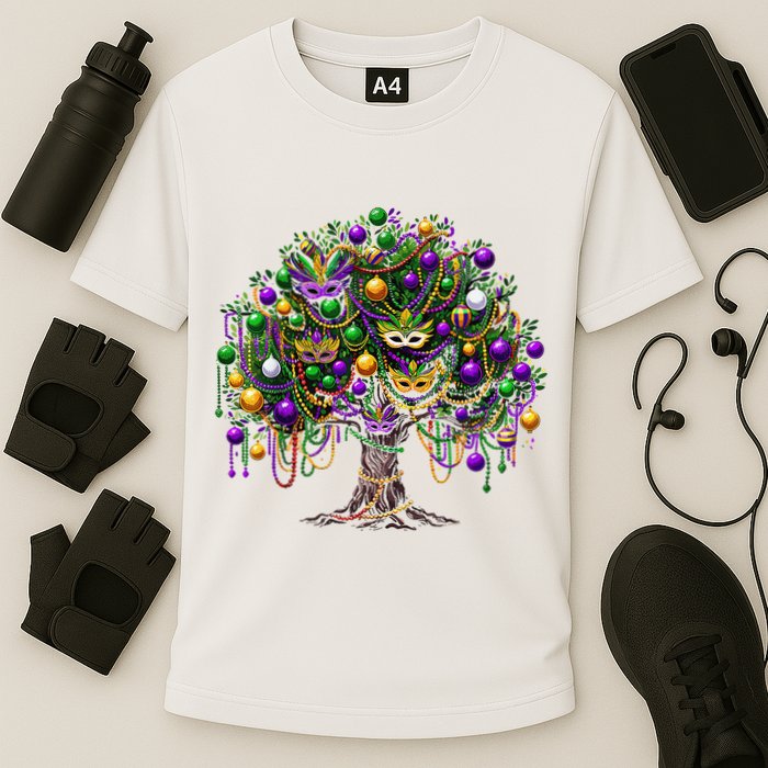Mardi Gras Tree Beads New Orleans 2025 Festival Bead Tree Cooling Performance Crew T-Shirt