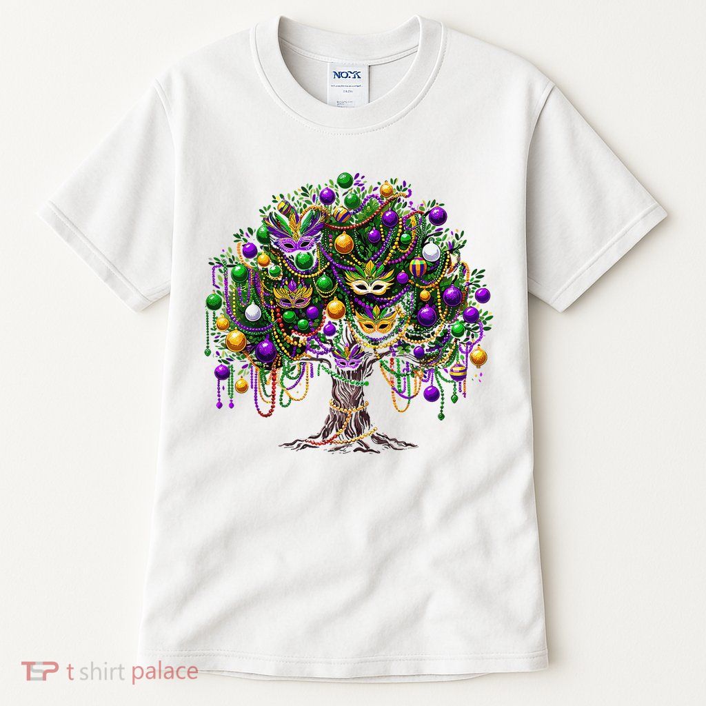 Mardi Gras Tree Beads New Orleans 2025 Festival Bead Tree Tall T-Shirt