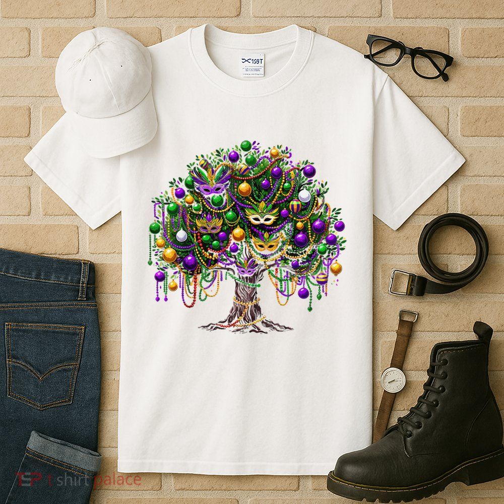 Mardi Gras Tree Beads New Orleans 2025 Festival Bead Tree Tall T-Shirt
