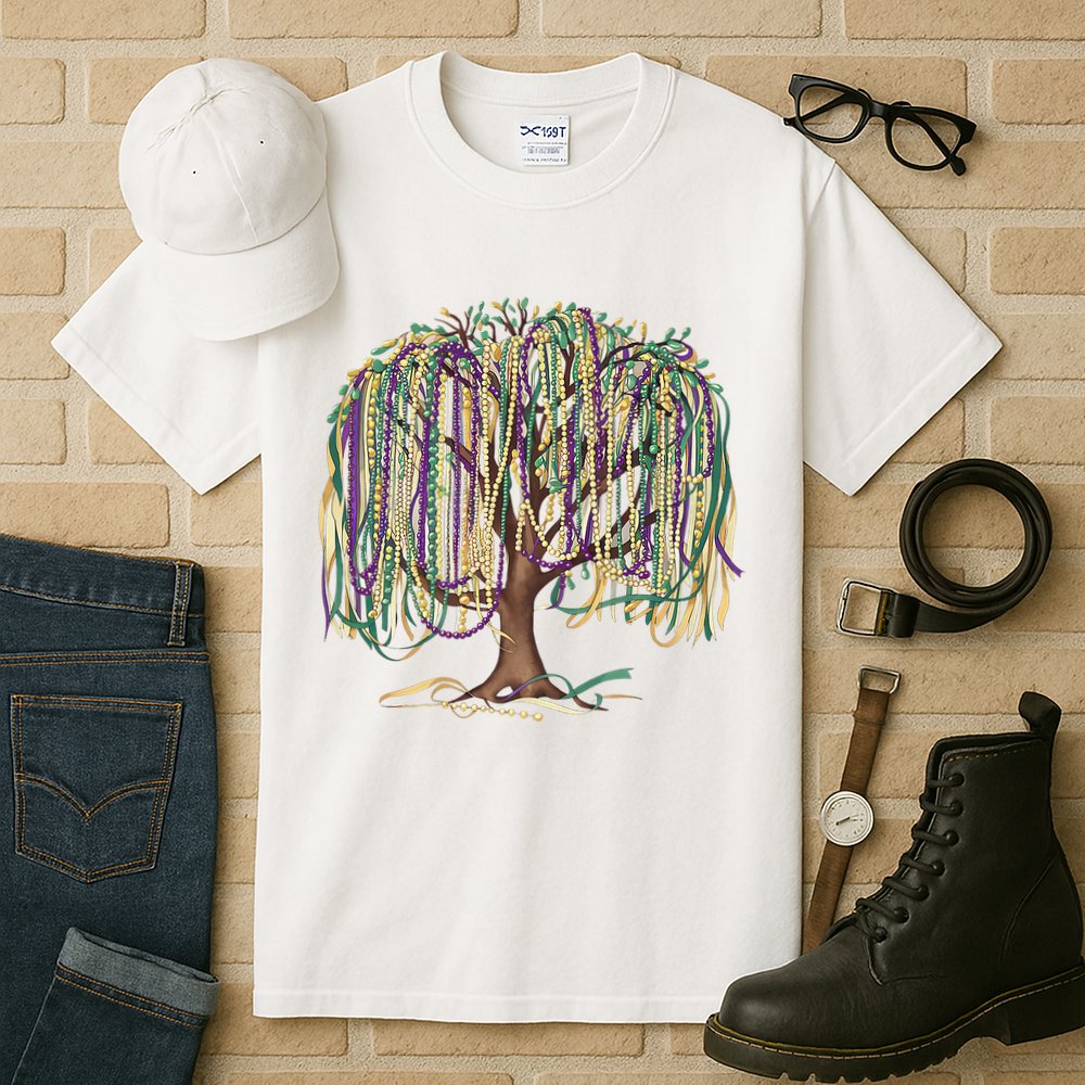 Mardi Gras Tree Beads New Orleans 2025 Festival Bead Tree Tall T-Shirt