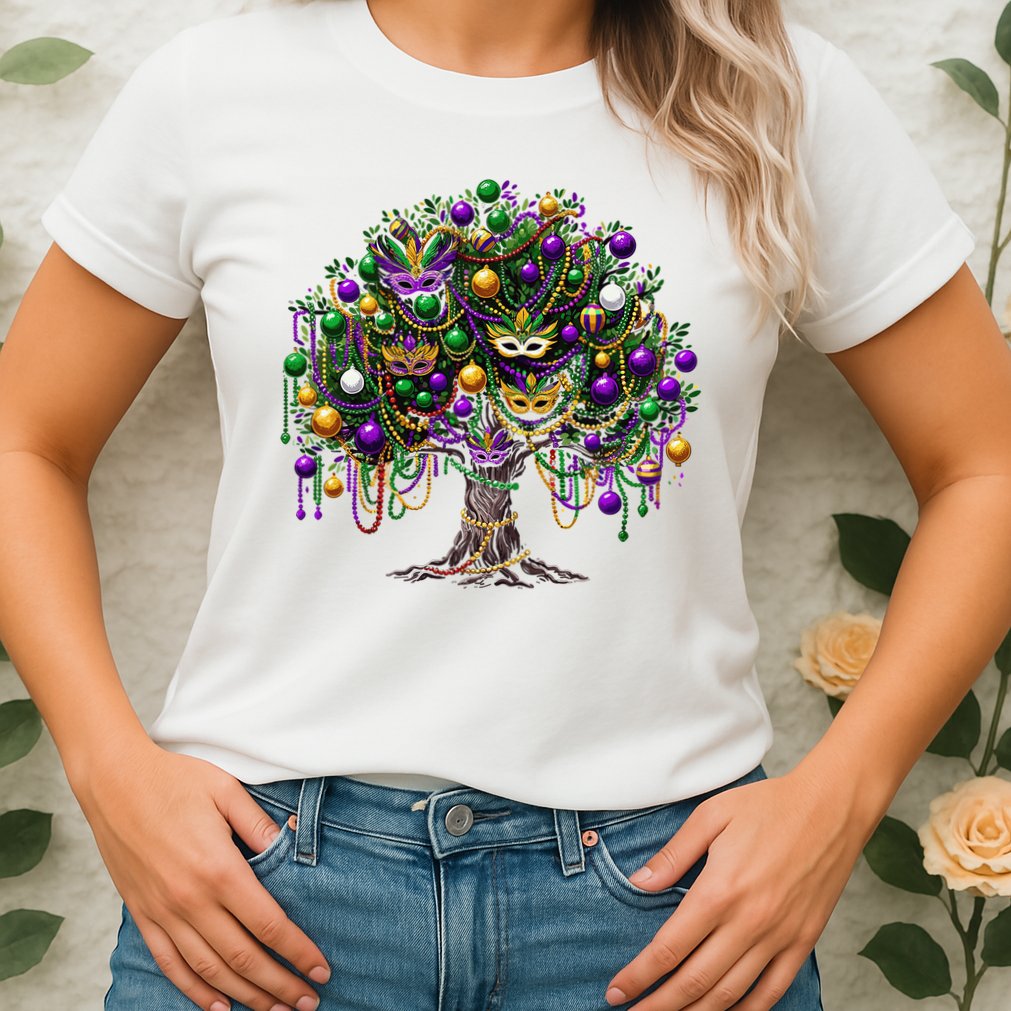 Mardi Gras Tree Beads New Orleans 2025 Festival Bead Tree Womens T-Shirt