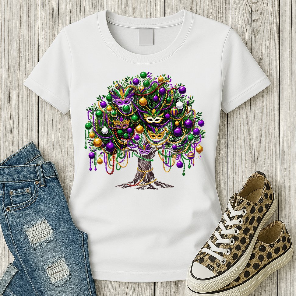 Mardi Gras Tree Beads New Orleans 2025 Festival Bead Tree Womens T-Shirt