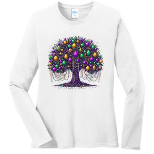 Mardi Gras Tree Beads New Orleans 2025 Festival Bead Tree Ladies Long Sleeve Shirt