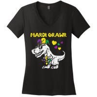 Mardi Grawr Trex Dino Cute funny festival Women's V-Neck T-Shirt