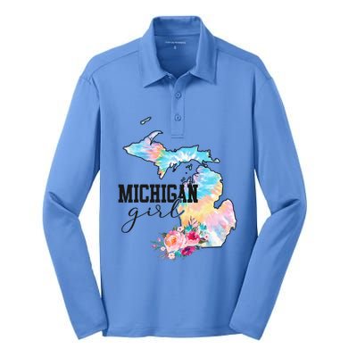 Michigan Girl Tie Dye State Michigan Silk Touch Performance Long Sleeve Polo