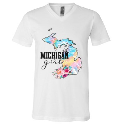 Michigan Girl Tie Dye State Michigan V-Neck T-Shirt