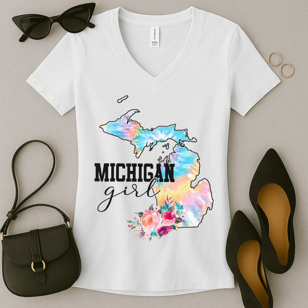 Michigan Girl Tie Dye State Michigan Women's V-Neck T-Shirt