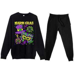 Mardi Gras Top Hat And Mask Fireworks New Orleans Carnival Gift Premium Crewneck Sweatsuit Set