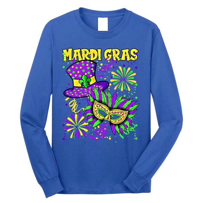 Mardi Gras Top Hat And Mask Fireworks New Orleans Carnival Gift Long Sleeve Shirt