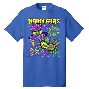 Mardi Gras Top Hat And Mask Fireworks New Orleans Carnival Gift Tall T-Shirt