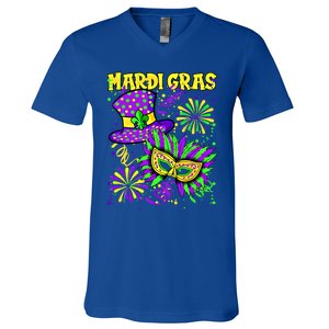 Mardi Gras Top Hat And Mask Fireworks New Orleans Carnival Gift V-Neck T-Shirt