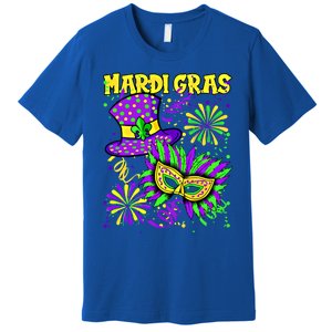 Mardi Gras Top Hat And Mask Fireworks New Orleans Carnival Gift Premium T-Shirt