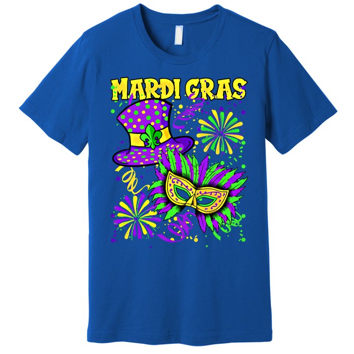 Mardi Gras Top Hat And Mask Fireworks New Orleans Carnival Gift Premium T-Shirt