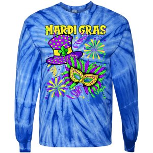 Mardi Gras Top Hat And Mask Fireworks New Orleans Carnival Gift Tie-Dye Long Sleeve Shirt