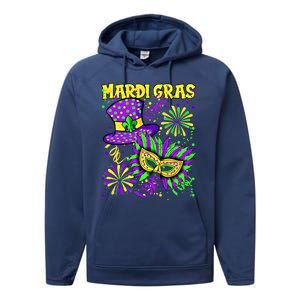 Mardi Gras Top Hat And Mask Fireworks New Orleans Carnival Gift Performance Fleece Hoodie