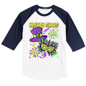 Mardi Gras Top Hat And Mask Fireworks New Orleans Carnival Gift Baseball Sleeve Shirt