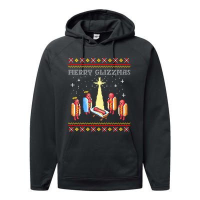 Merry Glizzmas Tacky Funny Merry Christmas Hot Dogs Performance Fleece Hoodie