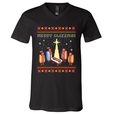 Merry Glizzmas Tacky Funny Merry Christmas Hot Dogs V-Neck T-Shirt