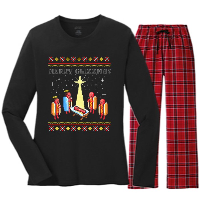 Merry Glizzmas Tacky Funny Merry Christmas Hot Dogs Holiday Women's Long Sleeve Flannel Pajama Set 