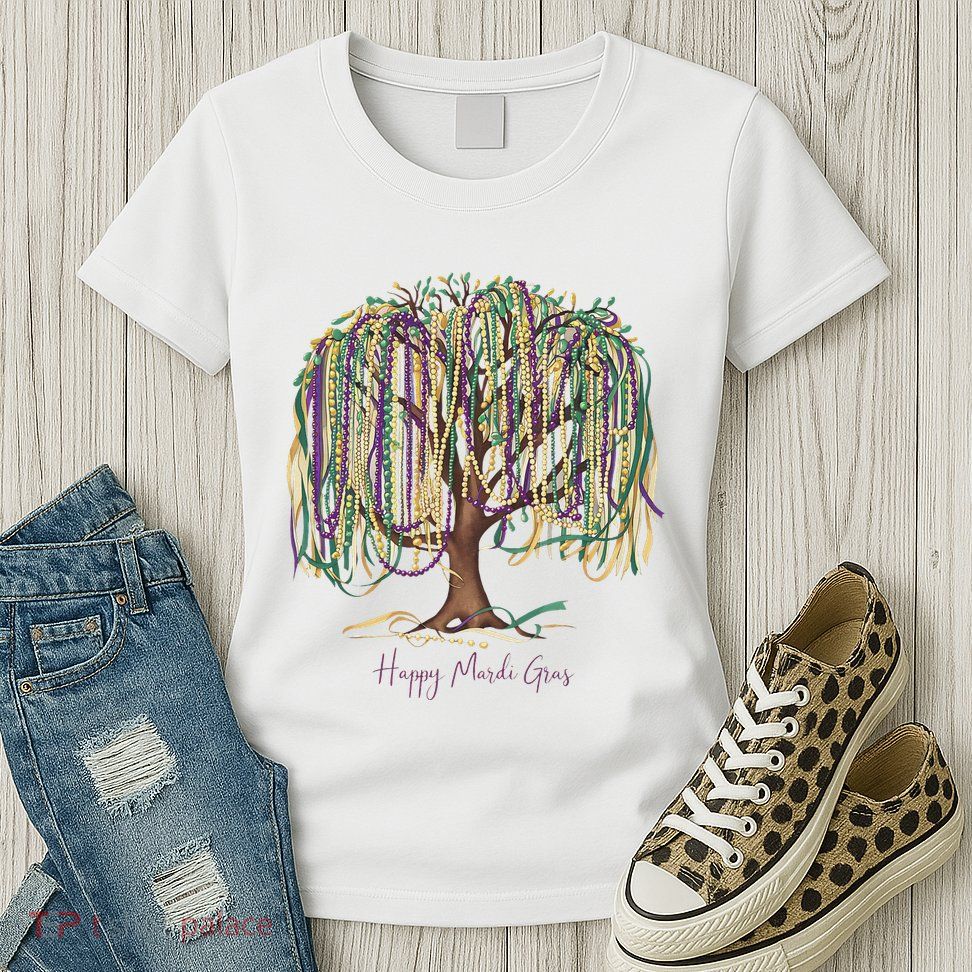 Mardi Gras Tree Beads New Orleans 2025 Festival Bead Tree Womens T-Shirt