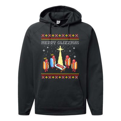 Merry Glizzmas Tacky Funny Merry Christmas Hot Dogs Performance Fleece Hoodie