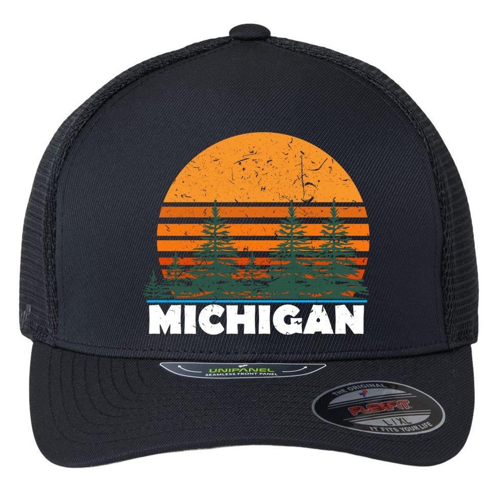 Michigan Gift Vintage Retro Sunset Mi State Hood Gift Flexfit Unipanel Trucker Cap