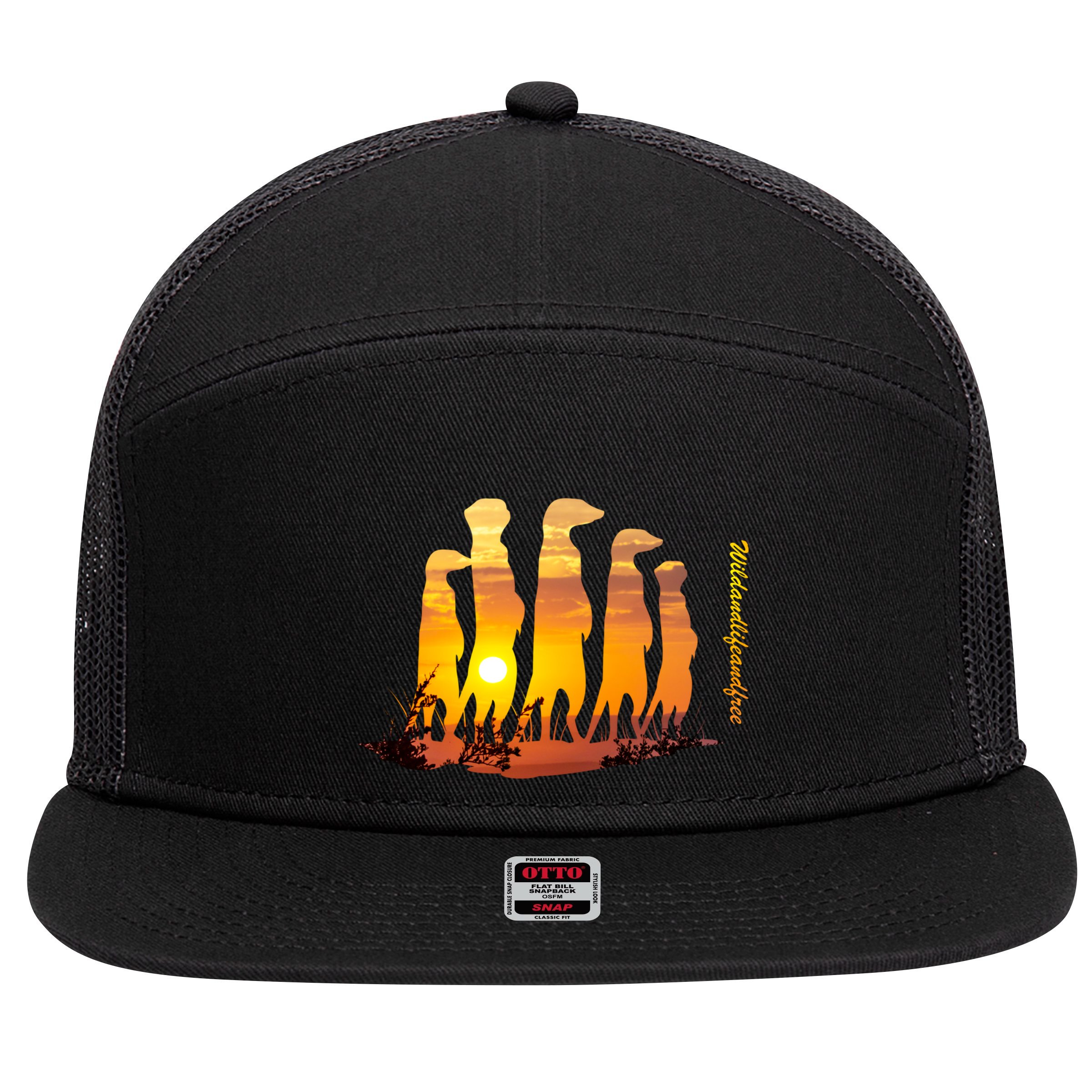 Meerkat Group With Sunset Wildlife Meerkat Cute Gift 7 Panel Mesh Trucker Snapback Hat