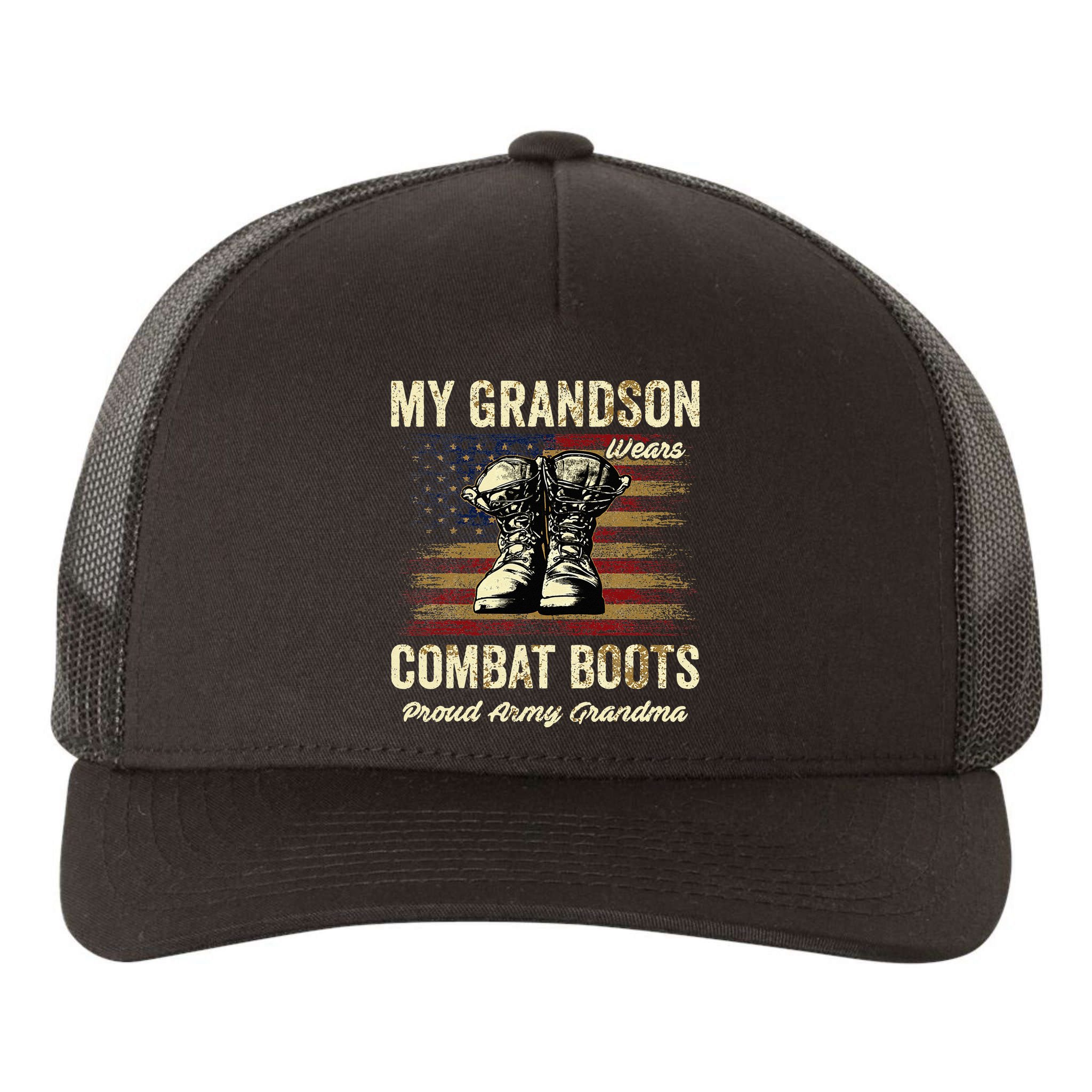 My Grandson Wears Combat Boots Proud Army Grandma Veteran Yupoong Adult 5-Panel Trucker Hat