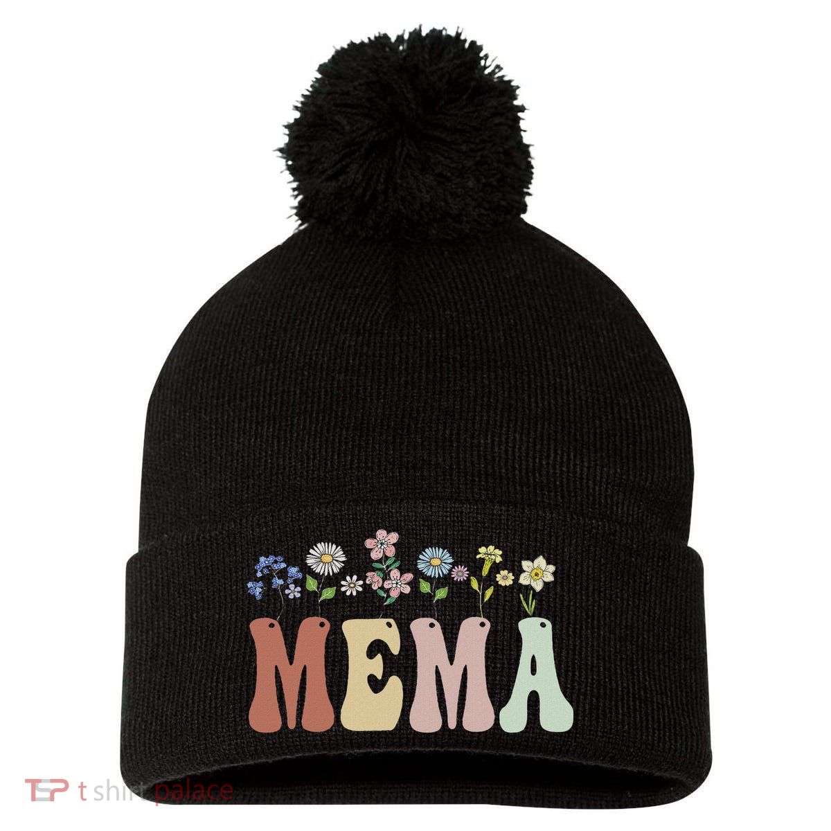 Mema Gifts Women Wildflower Floral Design Mema Pom Pom 12in Knit Beanie