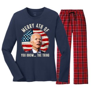 Merry Happy 4th Of You Know The Thing Funny Biden Confused Women's Long Sleeve Flannel Pajama Set 