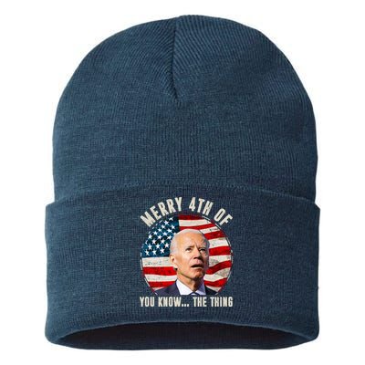 Merry Happy 4th Of You Know The Thing Funny Biden Confused Sustainable Knit Beanie