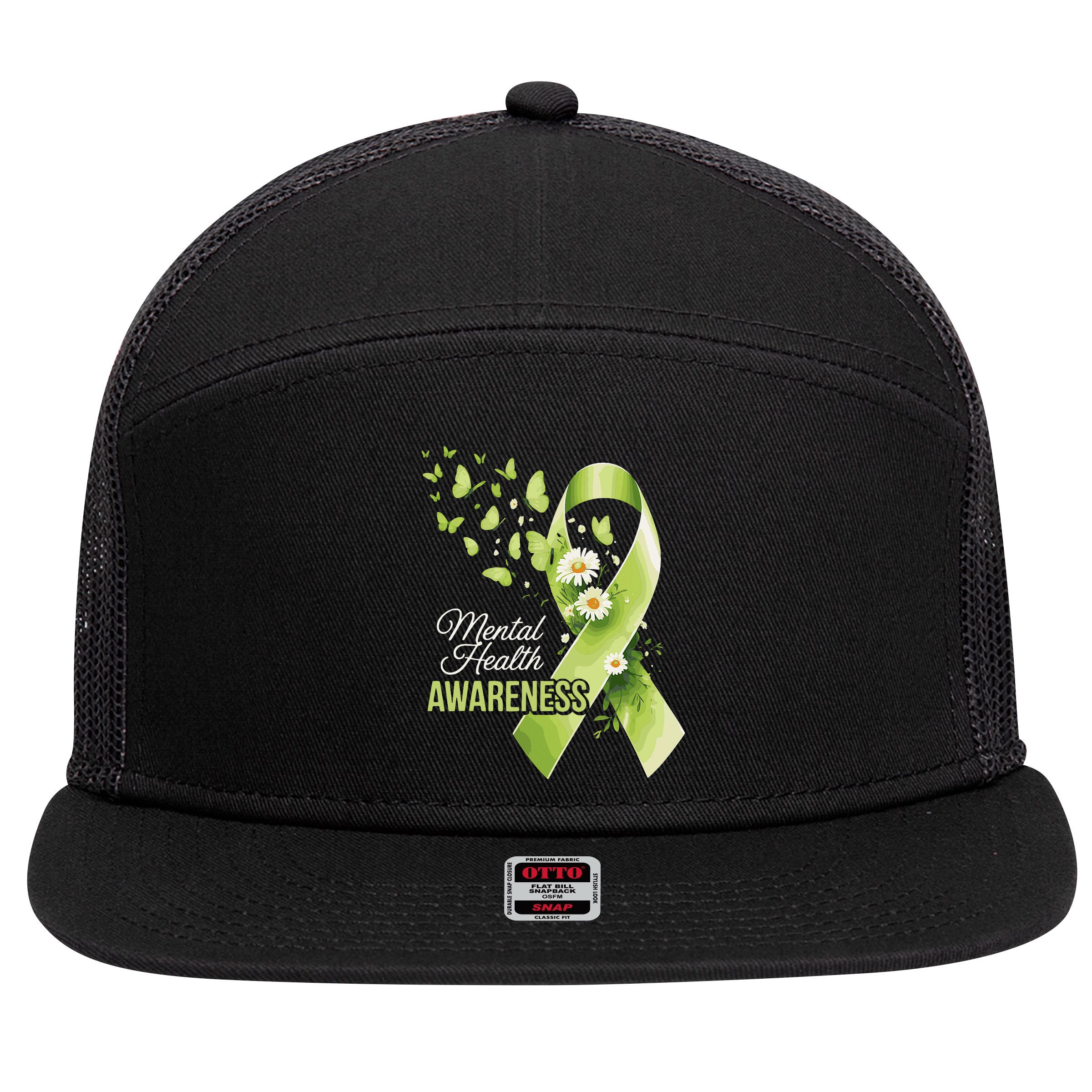 Mental Health Awareness Butterfly Green Ribbon  7 Panel Mesh Trucker Snapback Hat