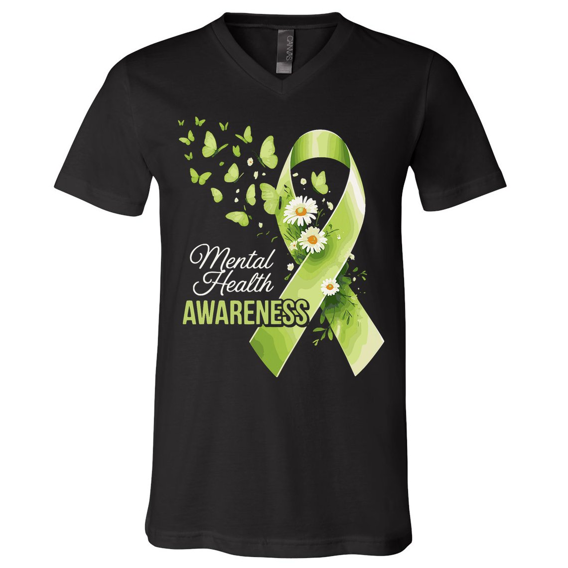 Mental Health Awareness Butterfly Green Ribbon  V-Neck T-Shirt