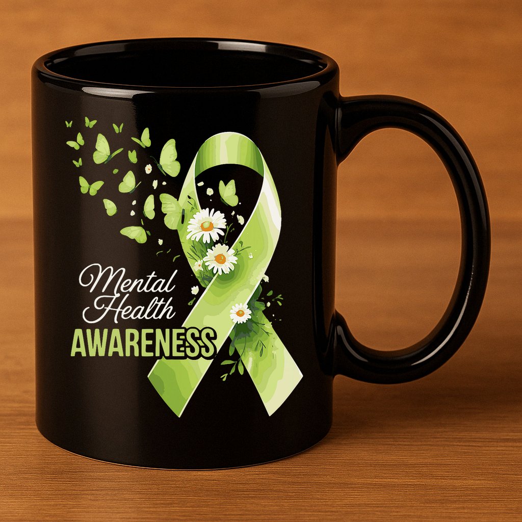 Mental Health Awareness Butterfly Green Ribbon  11oz C Handle Ceramic Mug