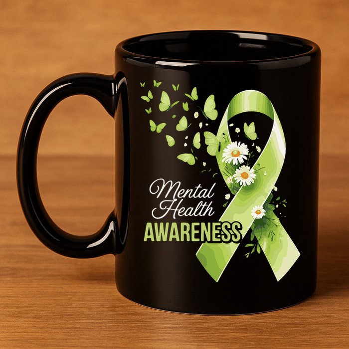 Mental Health Awareness Butterfly Green Ribbon  11oz C Handle Ceramic Mug