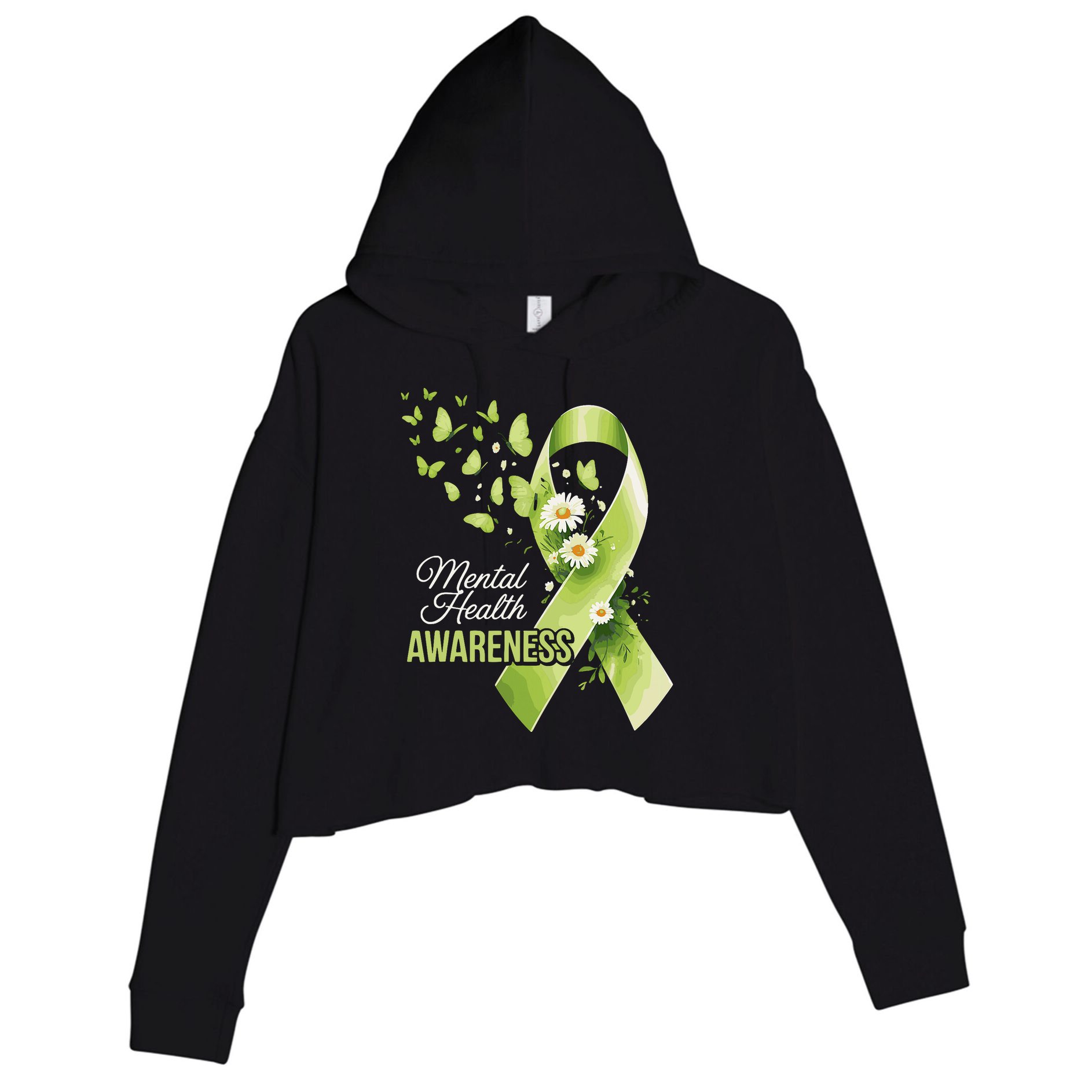 Mental Health Awareness Butterfly Green Ribbon  Crop Fleece Hoodie