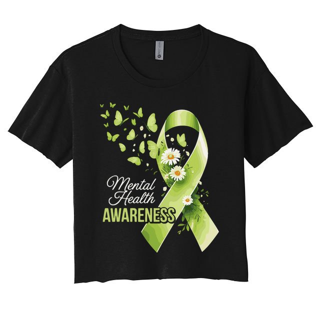 Mental Health Awareness Butterfly Green Ribbon  Women's Crop Top Tee