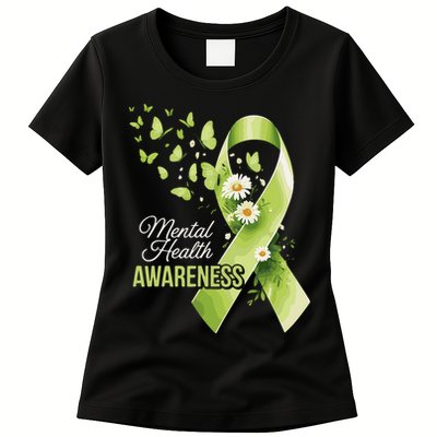 Mental Health Awareness Butterfly Green Ribbon  Womens T-Shirt