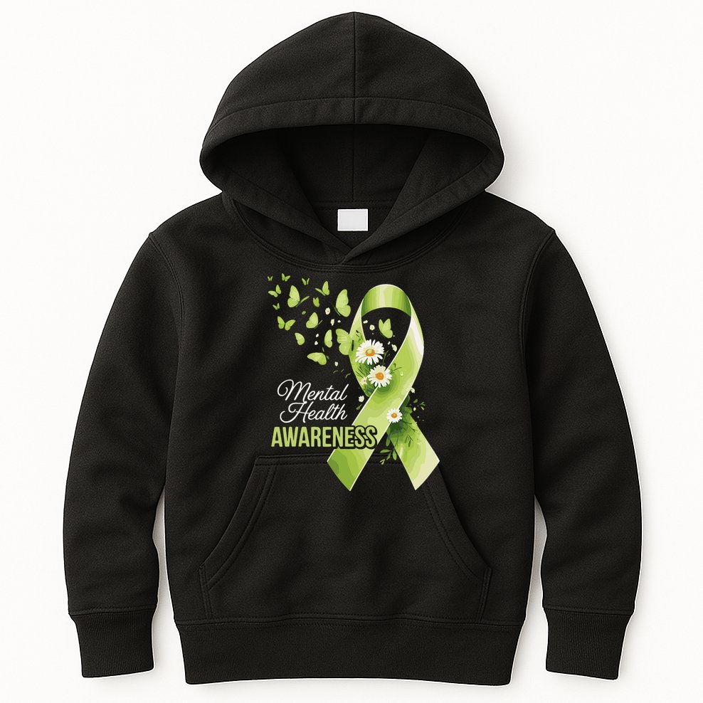Mental Health Awareness Butterfly Green Ribbon  Kids Hoodie